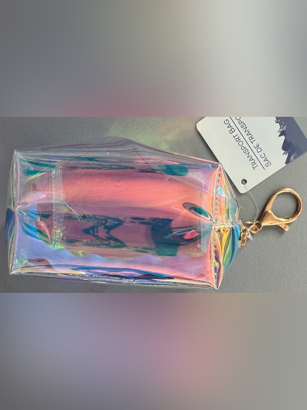 Iridescent Holographic Keychain Pouch - Pink/Blue zippered bag charm